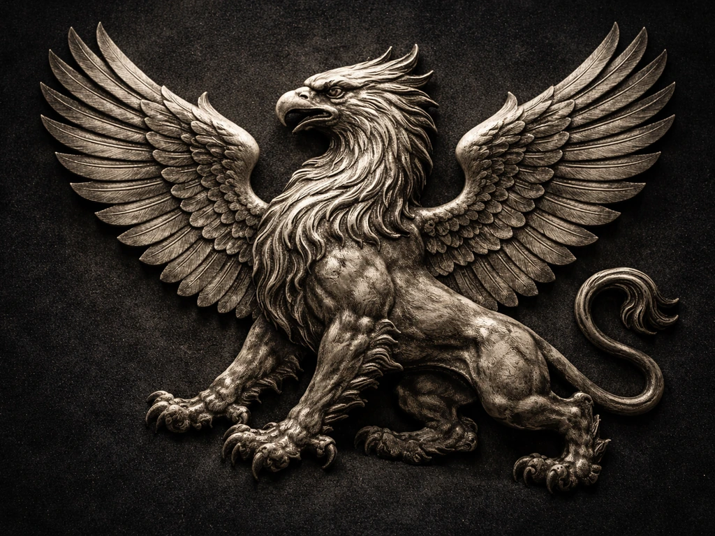 Mythical griffin emblem with eagle head, wings, and lion body, symbolizing strength and guardianship.