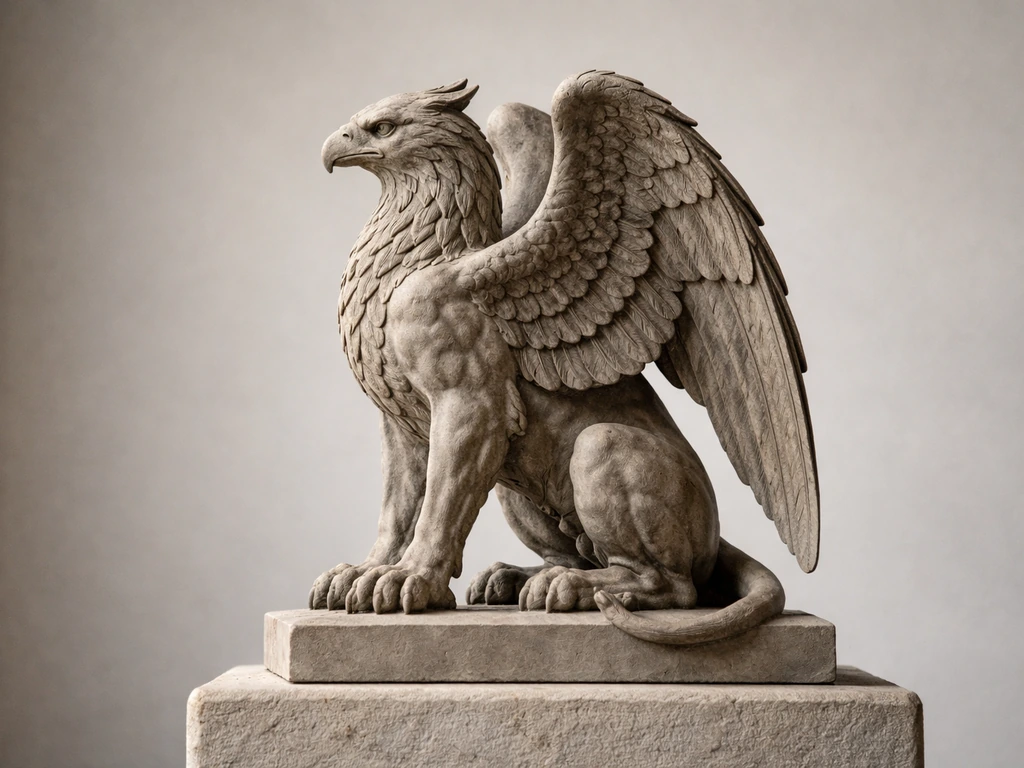 Close-up of sculpted griffin figure, showing eagle-like wings and lion-like body in minimal studio lighting.