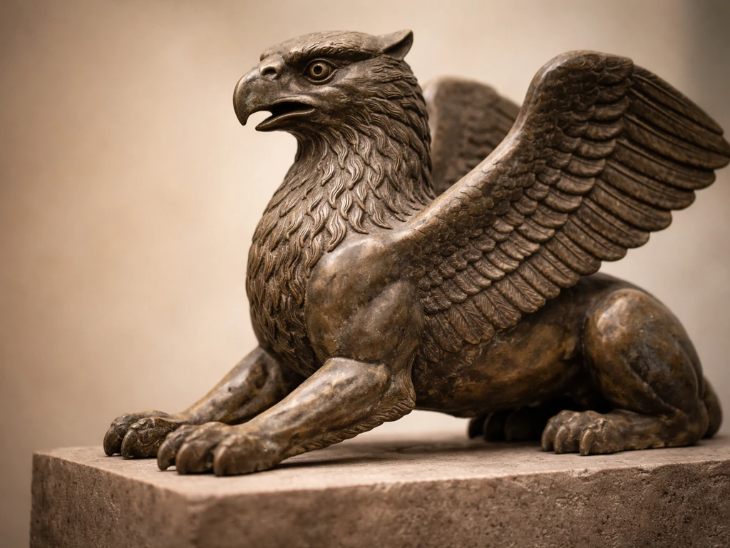 Close-up of a weathered Near Eastern griffin artifact sculpture with lion and eagle traits, museum lighting.