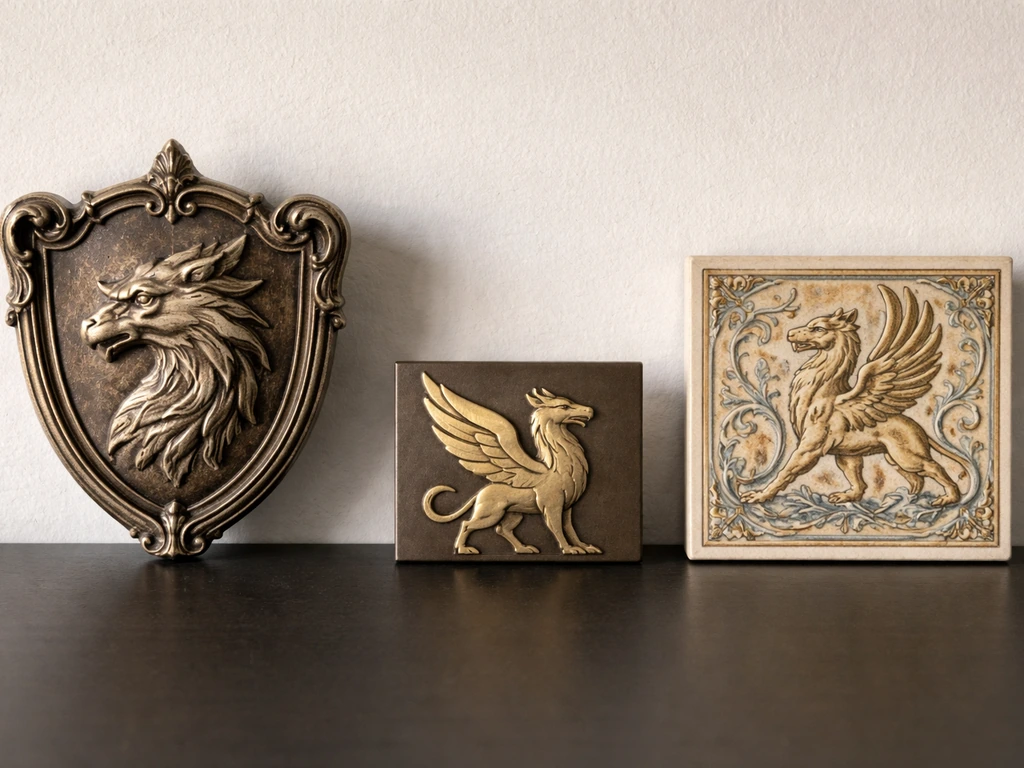 Side-by-side artifacts showing griffin symbolism in heraldry, modern branding-style mark, and decorative motif.