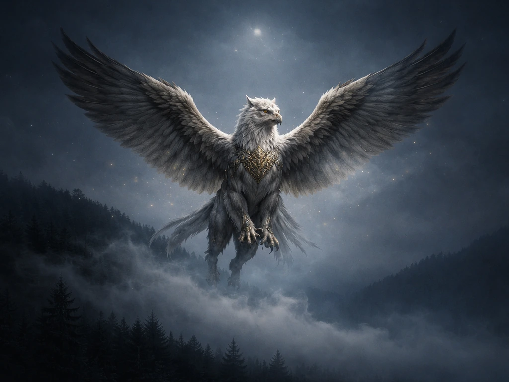 Surreal griffin hovering over a misty night landscape, minimal dream atmosphere, no people.