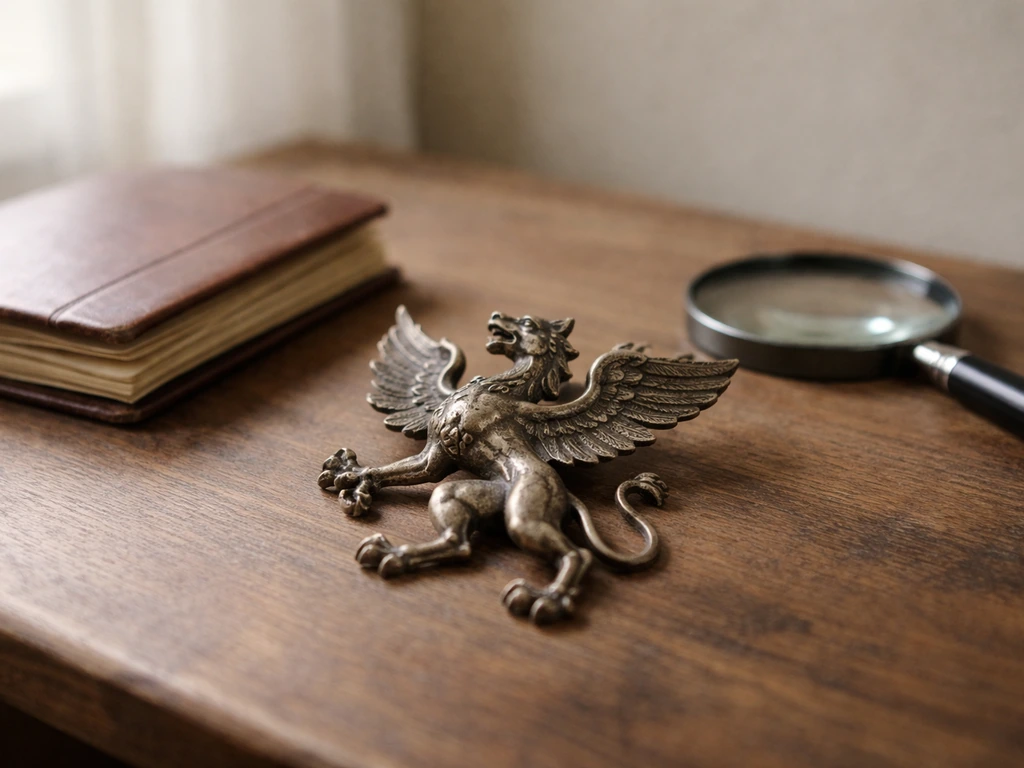 Minimal still life showing a griffin emblem symbolizing interpretation context