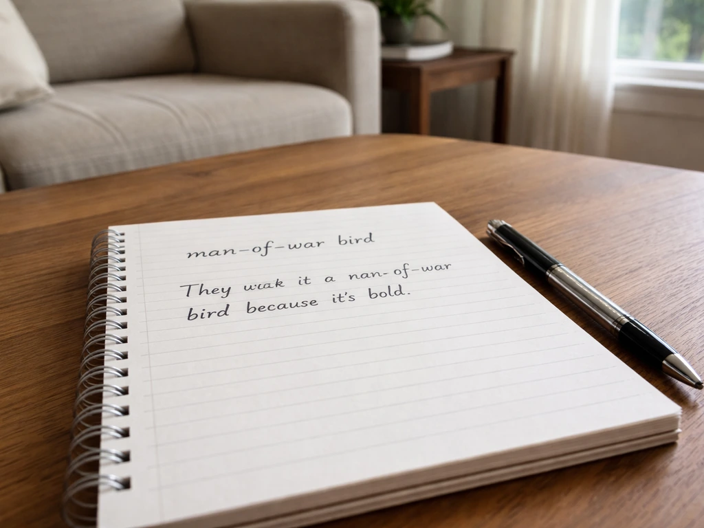 A coffee table with a notebook showing a handwritten phrase “man-of-war bird” in everyday English context.