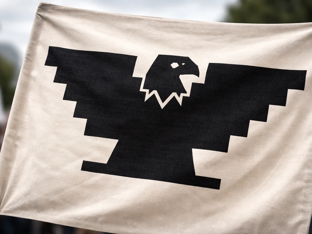 Close-up of an Aztec-inspired huelga bird eagle emblem on a protest placard with soft outdoor light.
