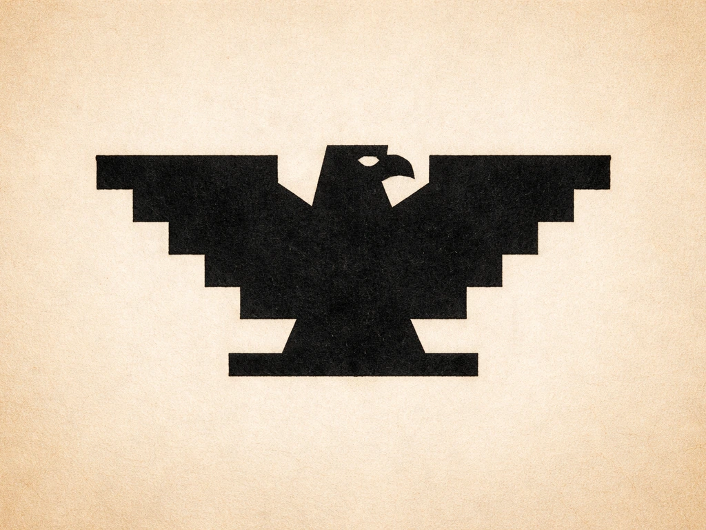 Close-up of a black geometric eagle emblem on parchment, Aztec-inspired wings, shown as a graphic symbol.