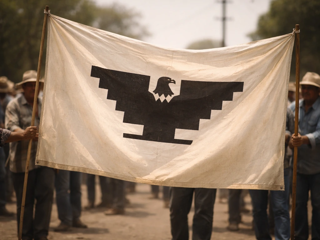 Historical outdoor labor-rights protest with a banner showing a huelga bird emblem.