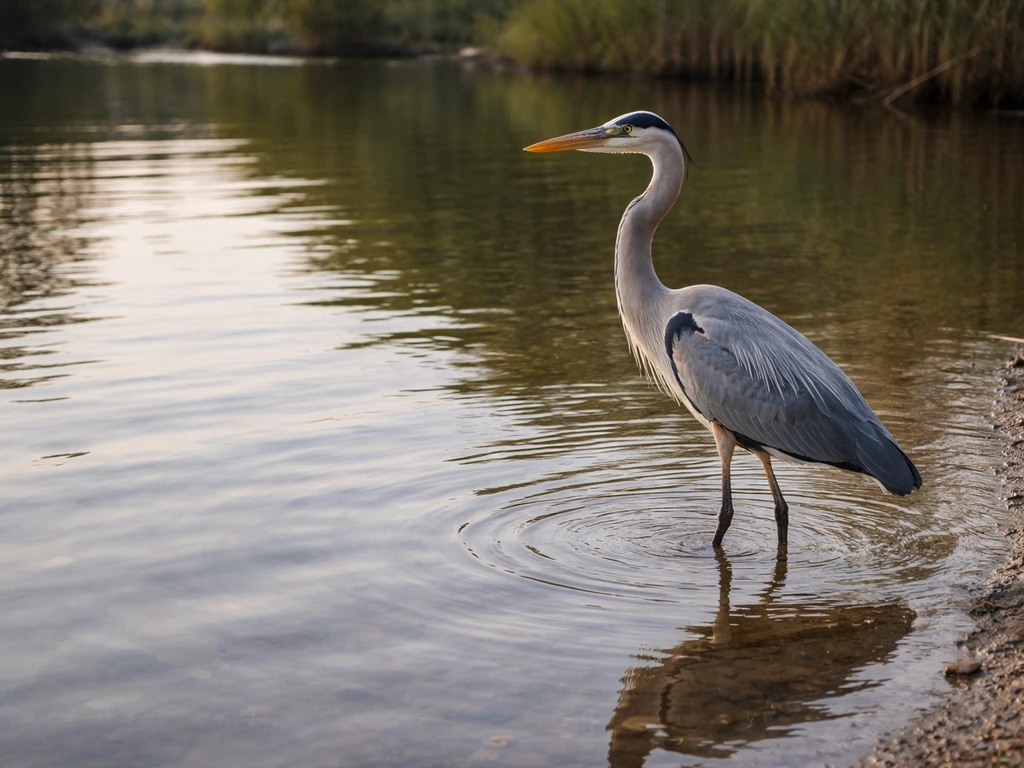 A heron wades in shallow water near reeds, close-up with calm ripples and natural reflections.