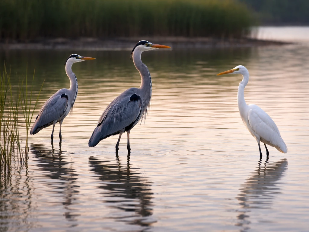 Three heron-like wading birds standing in shallow water at dawn, separate and clearly distinct species