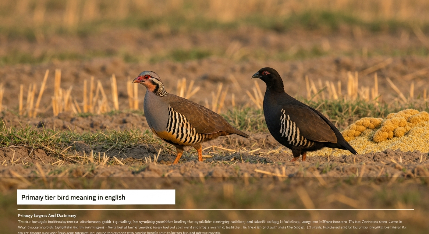 Grey and Black francolins (teetar) standing on a dry field at golden hour, detailed feathers and warm light.
