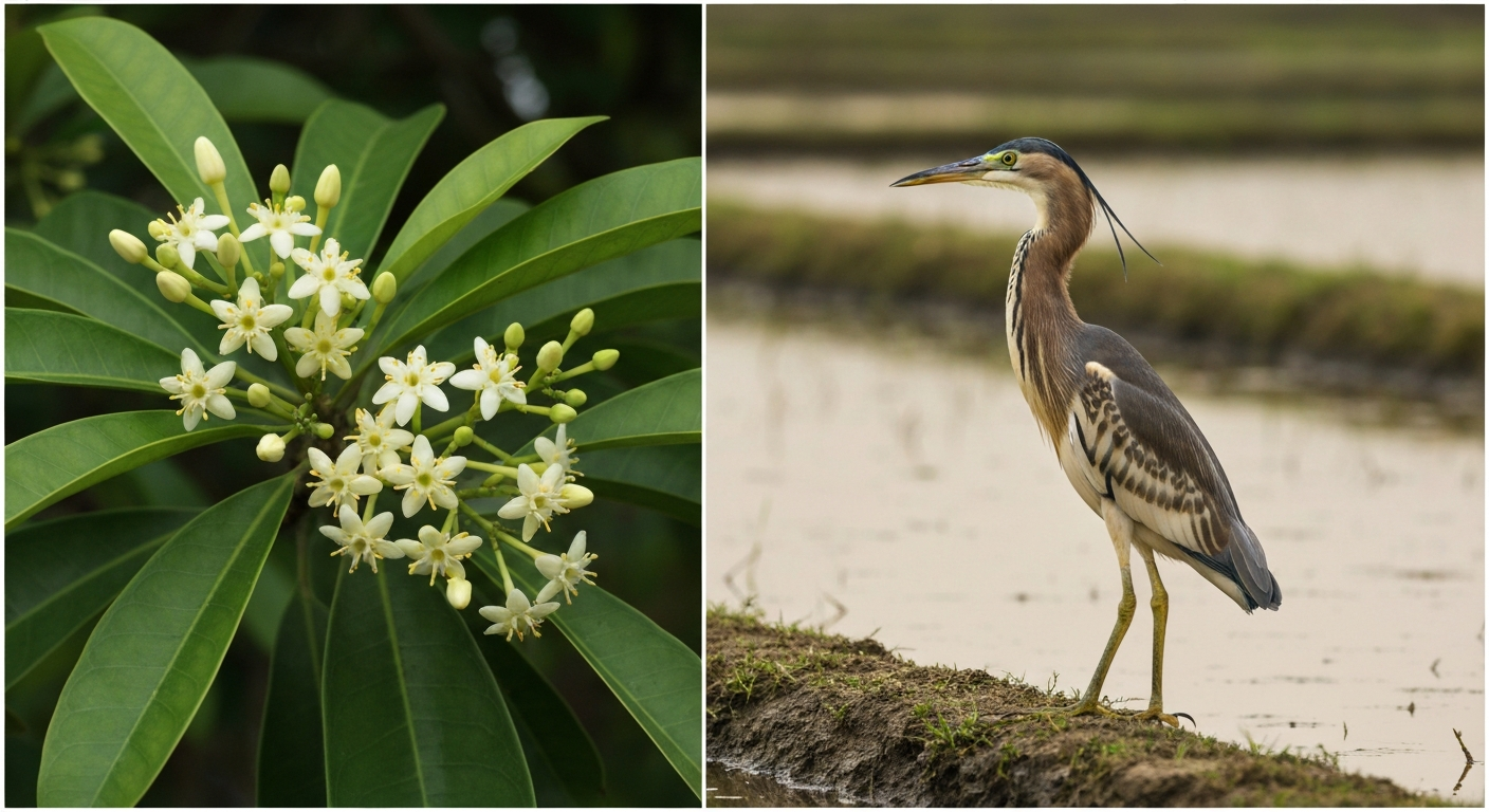 Split-scene photo: bakul (Mimusops elengi) blossoms on the left and an Indian Pond Heron standing at a pond on the right.