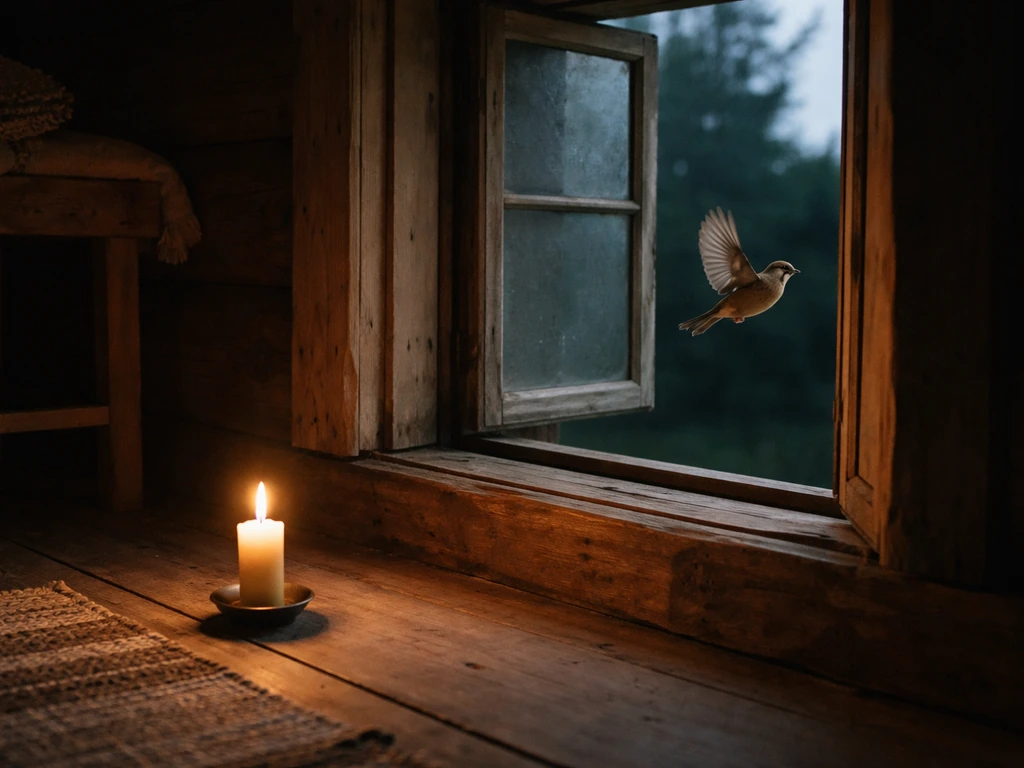 A single small bird flies into a warm wooden cabin through a half-open window at dusk.