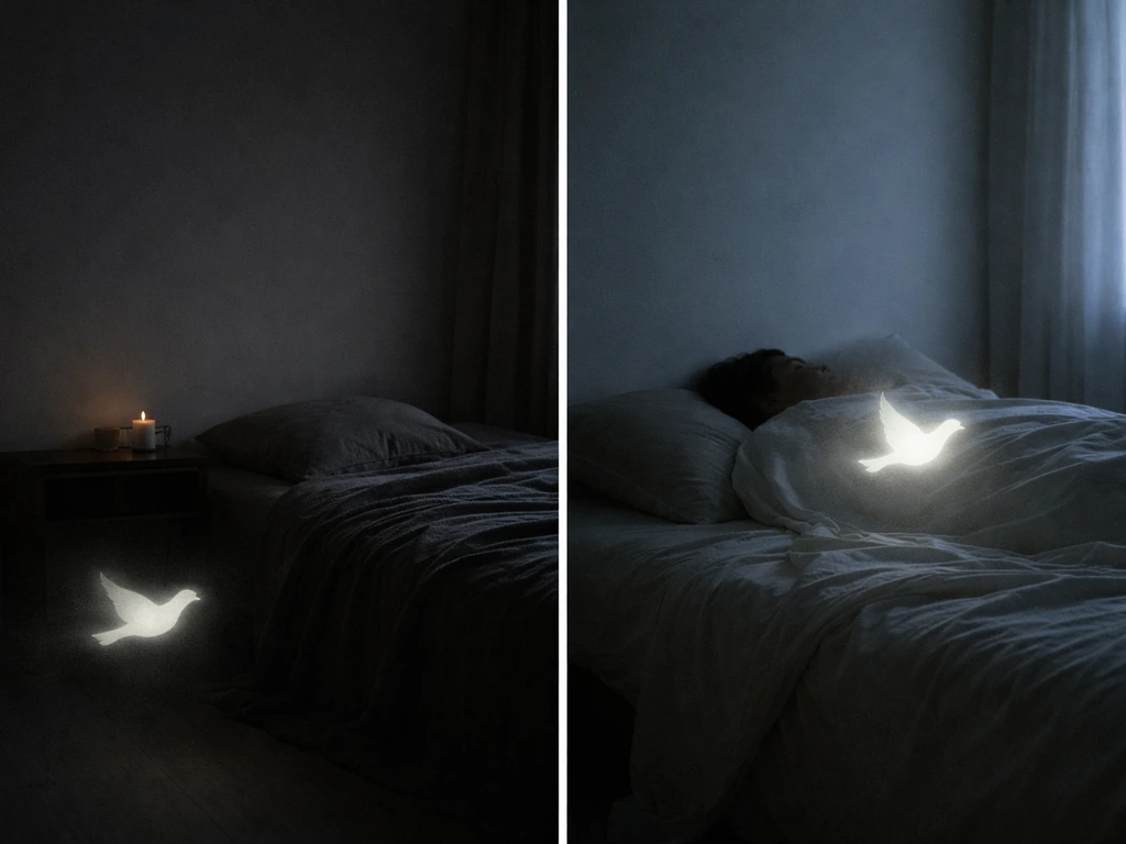 Sleeping person and an empty bed with an arriving-to-fading bird silhouette symbolizing life force.