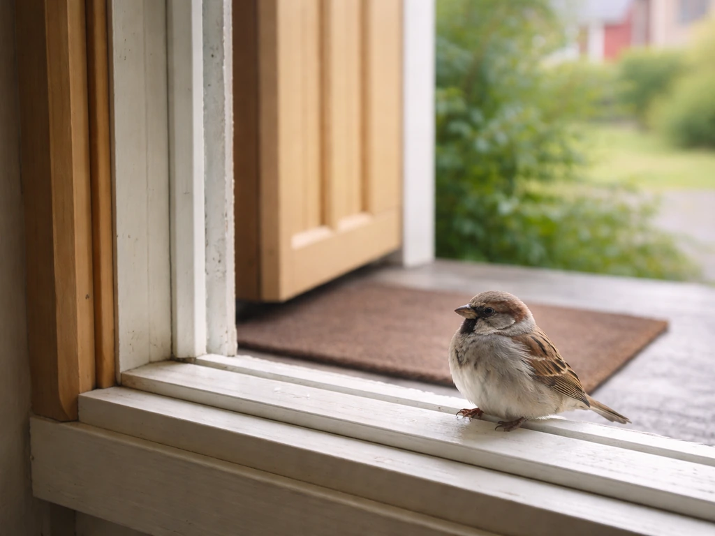 A small sparrow perched at a Finnish home doorway window, calm morning light suggesting an omen moment.