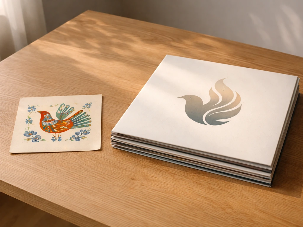 Open wooden table with a vintage folk-bird illustration beside modern music covers showing an abstract bird symbol.