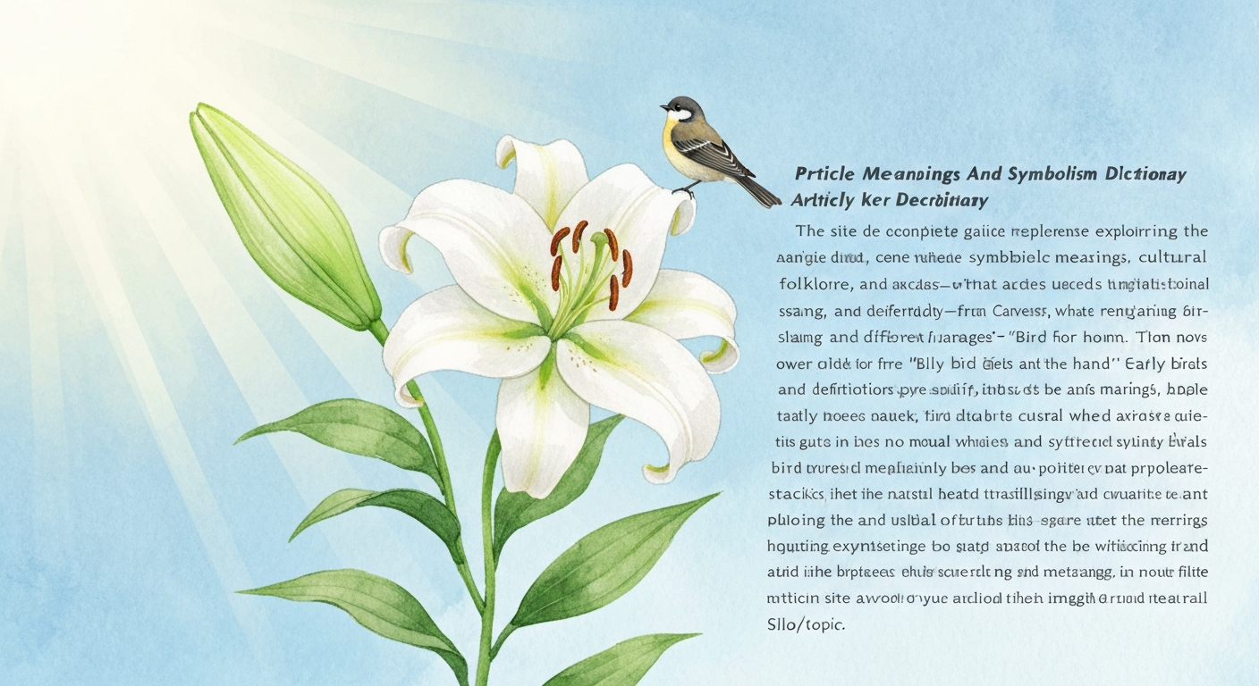 Watercolor-style illustration of a white lily with a small songbird perched on a petal, evoking purity and freedom.
