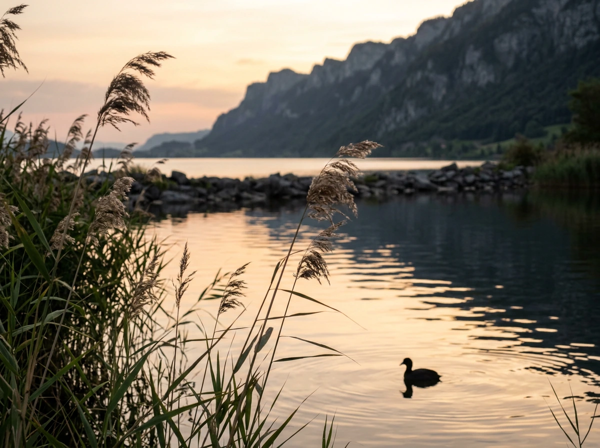 Swiss lakeside wetland at dawn with birds and reeds representing Swiss bird symbolism