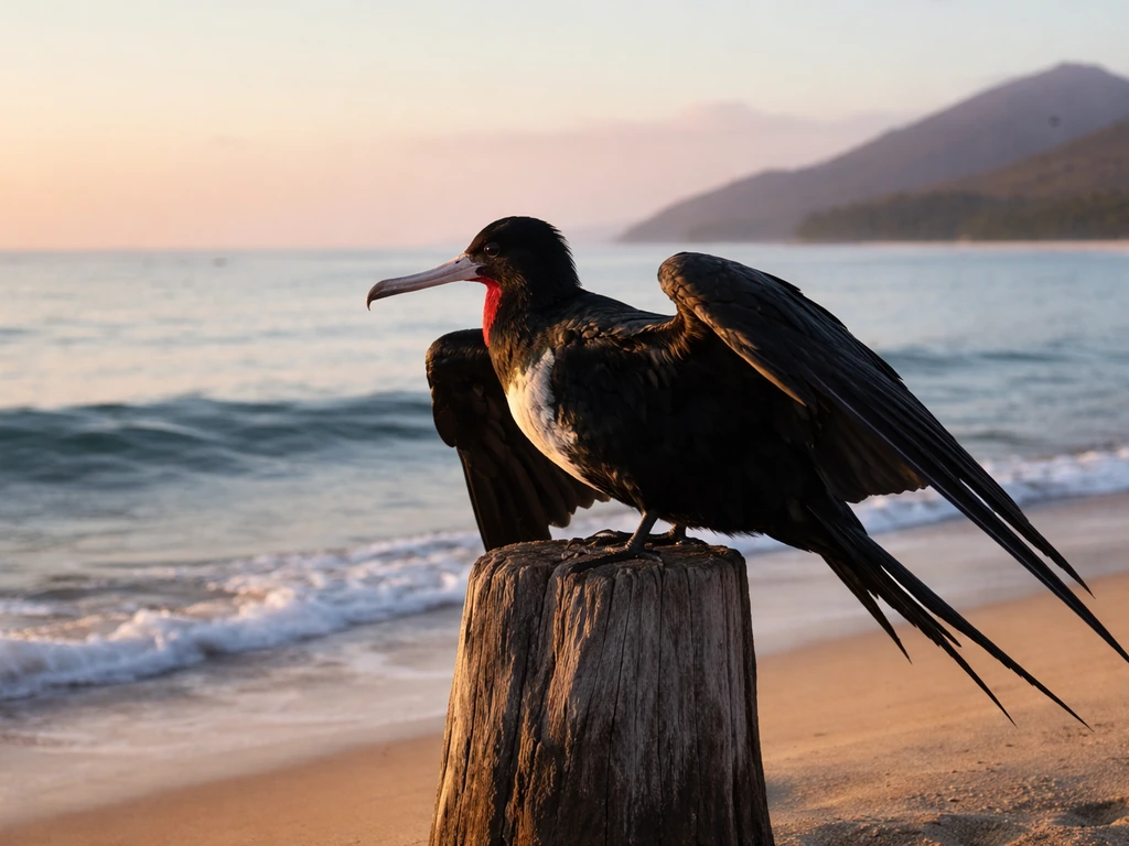 Great frigatebird perched by the Hawaiian shore at sunrise, with calm ocean and distant coastline behind.