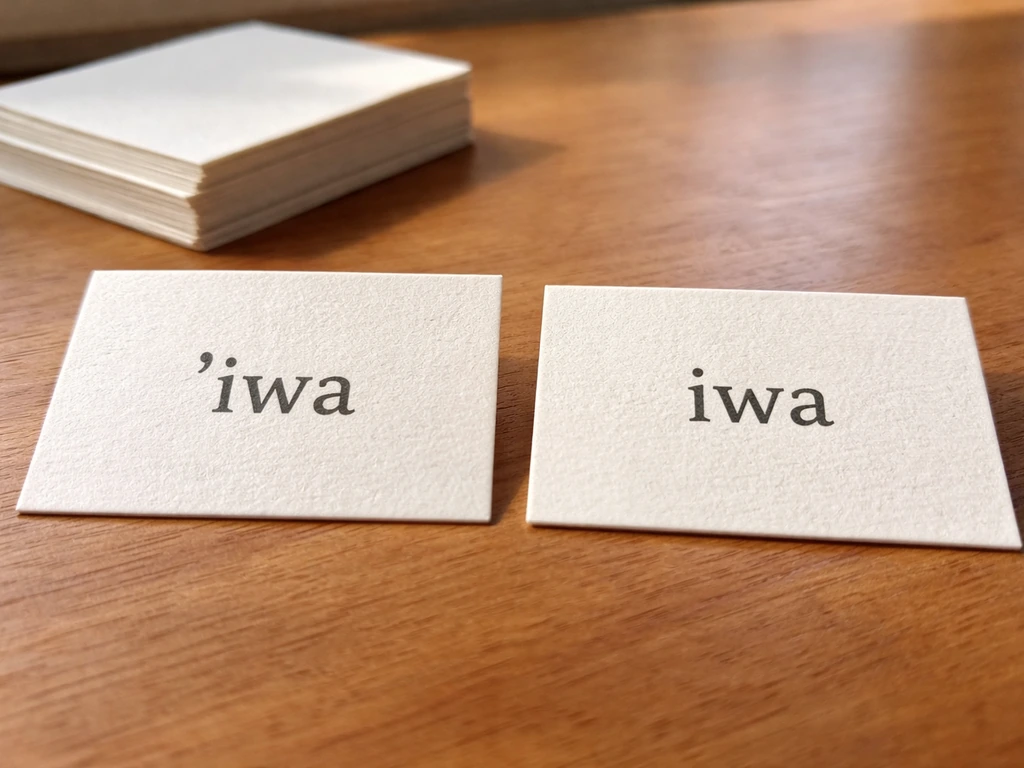 Close-up of paper cards showing ʻiwa with an ʻokina-like mark versus iwa without it.