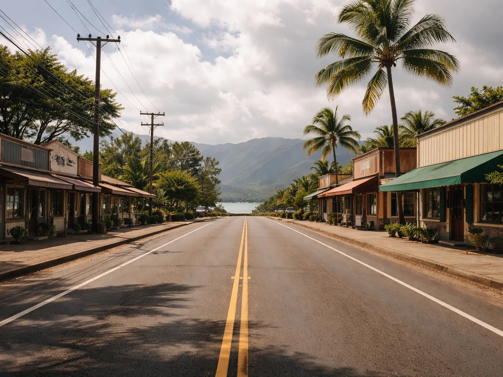 North Shore Hawaii street scene with a sign vibe suggesting Haleʻiwa, calm midday light and distant mountains.