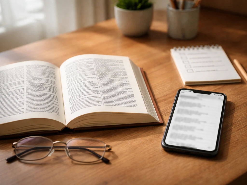 Minimal desk scene with an open dictionary, a phone showing blurred search results, and a blank checklist.