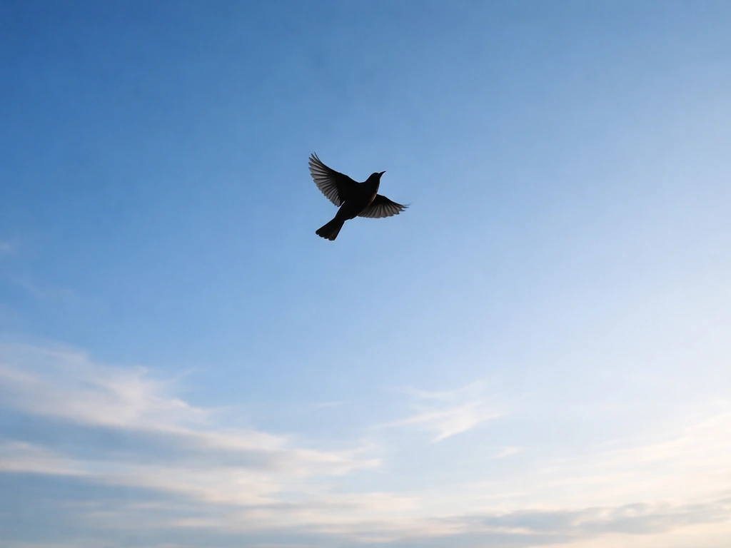 Silhouette of a skylark bird soaring upward in a bright blue sky, conveying hope and freedom.