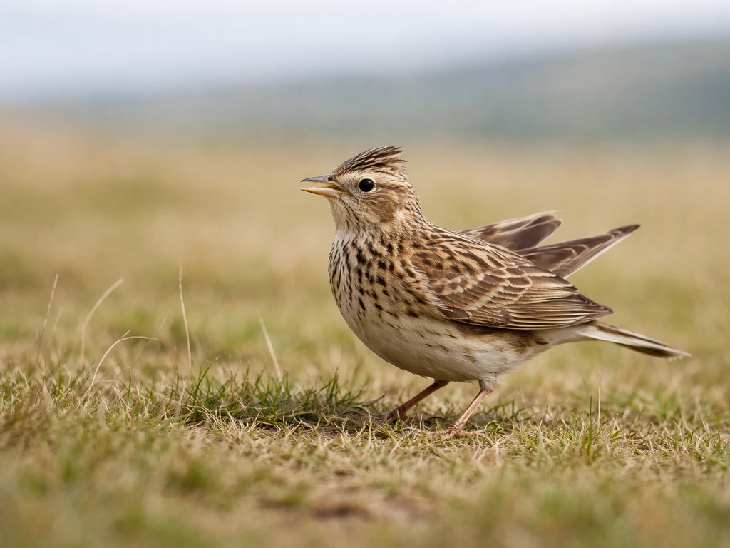 Eurasian skylark perched in open grassy field with streaky brown feathers, natural light.