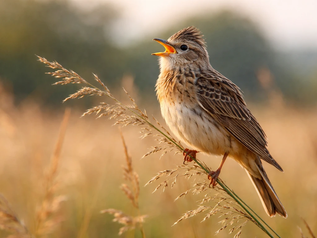 A skylark perched in a sunlit field, beak open mid-song with a softly blurred sky behind it.