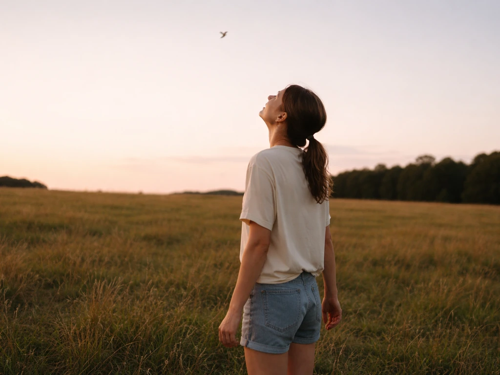 Person in an open field looking up as a skylark-like bird is heard overhead