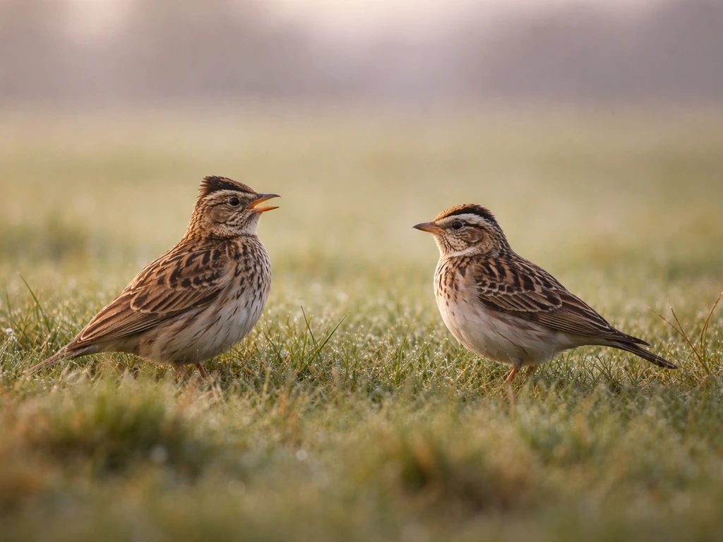 Two different lark birds perched side-by-side on grass in natural dawn light, highlighting confusion.