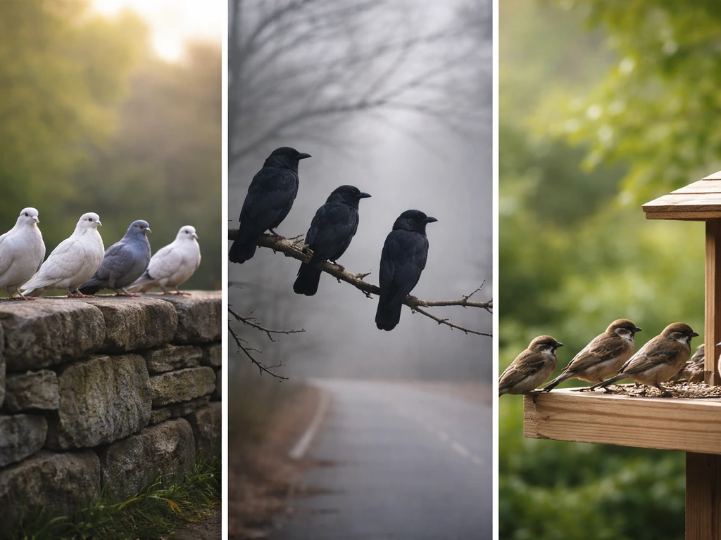 Three distinct bird groups—doves, crows, and small songbirds—each in a different simple natural setting.