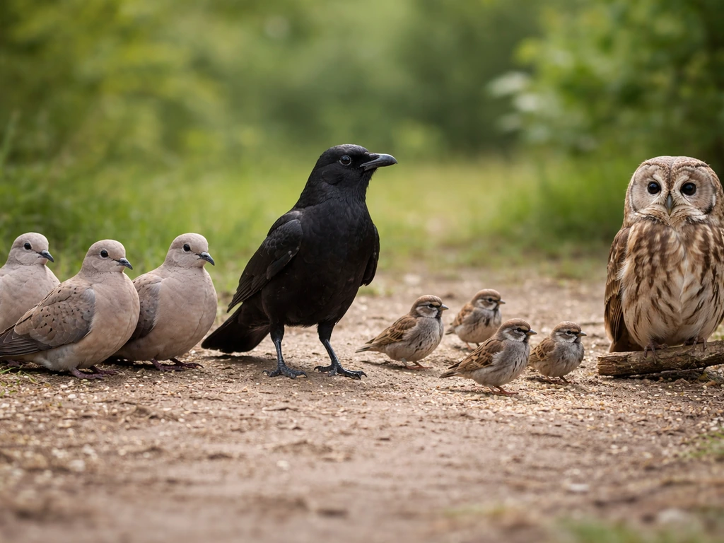Side-by-side close-up birds: doves, crow, sparrows, and an owl with visible perching, flocking, and hunting moods.