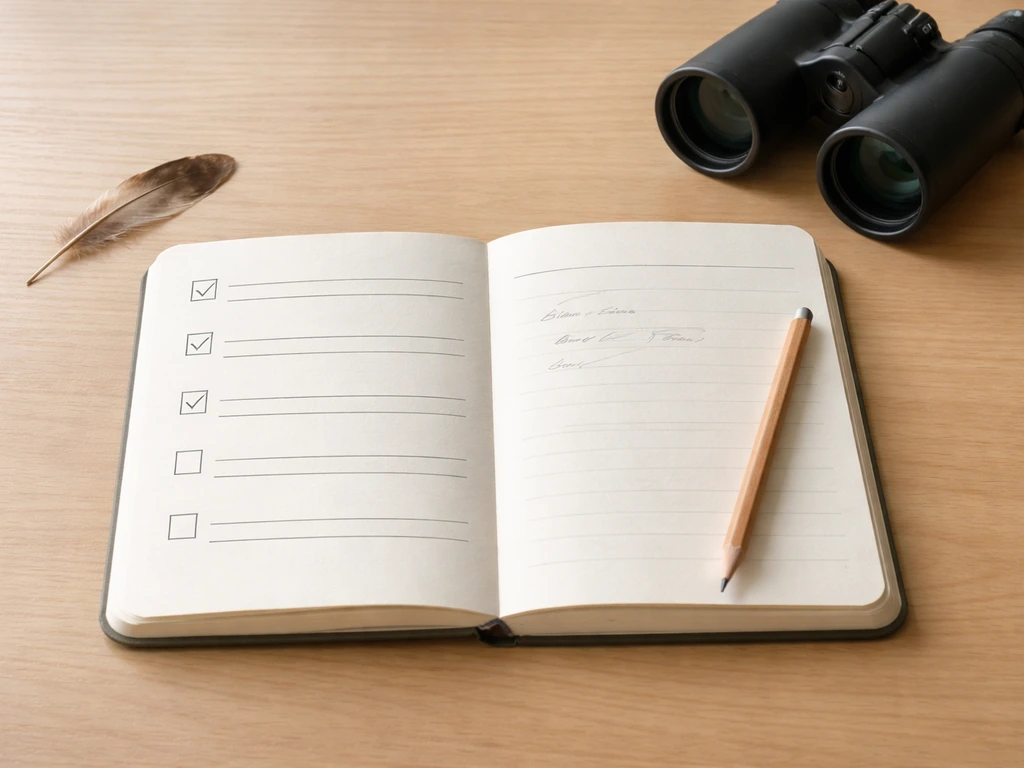 Notebook checklist beside binoculars and a single bird feather on a quiet desk