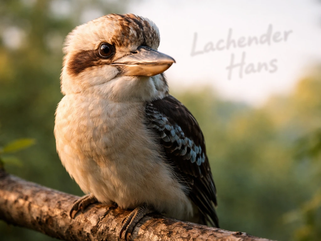 Laughing kookaburra perched close-up with warm tones and a subtle German handwritten phrase in the background.