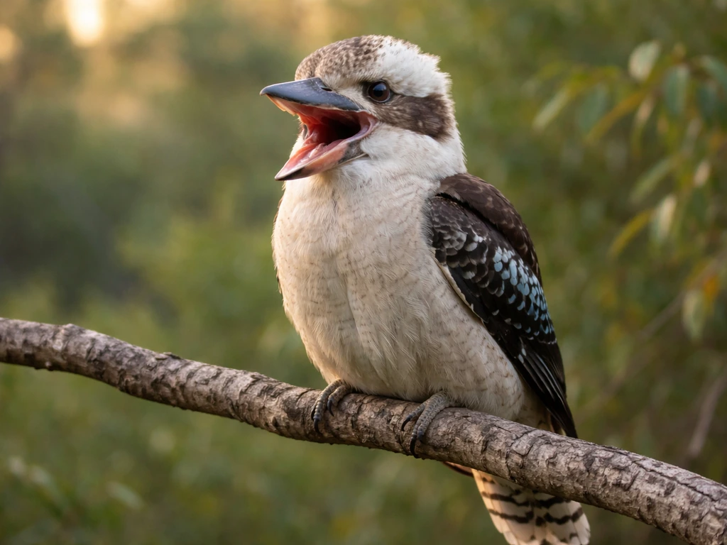 Laughing Kookaburra perched on a branch in the Australian bush, beak open as if calling.