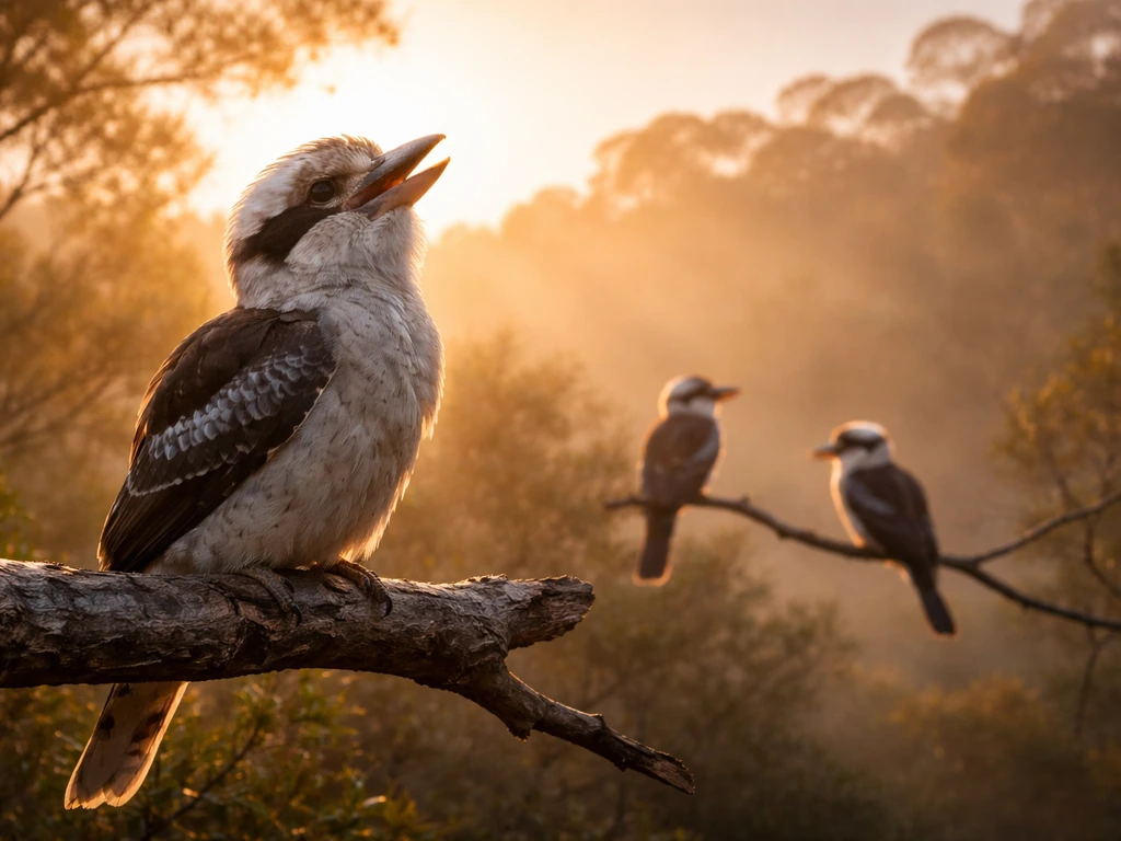 Laughing kookaburra on a dawn branch with warm sunrise light and two nearby birds.