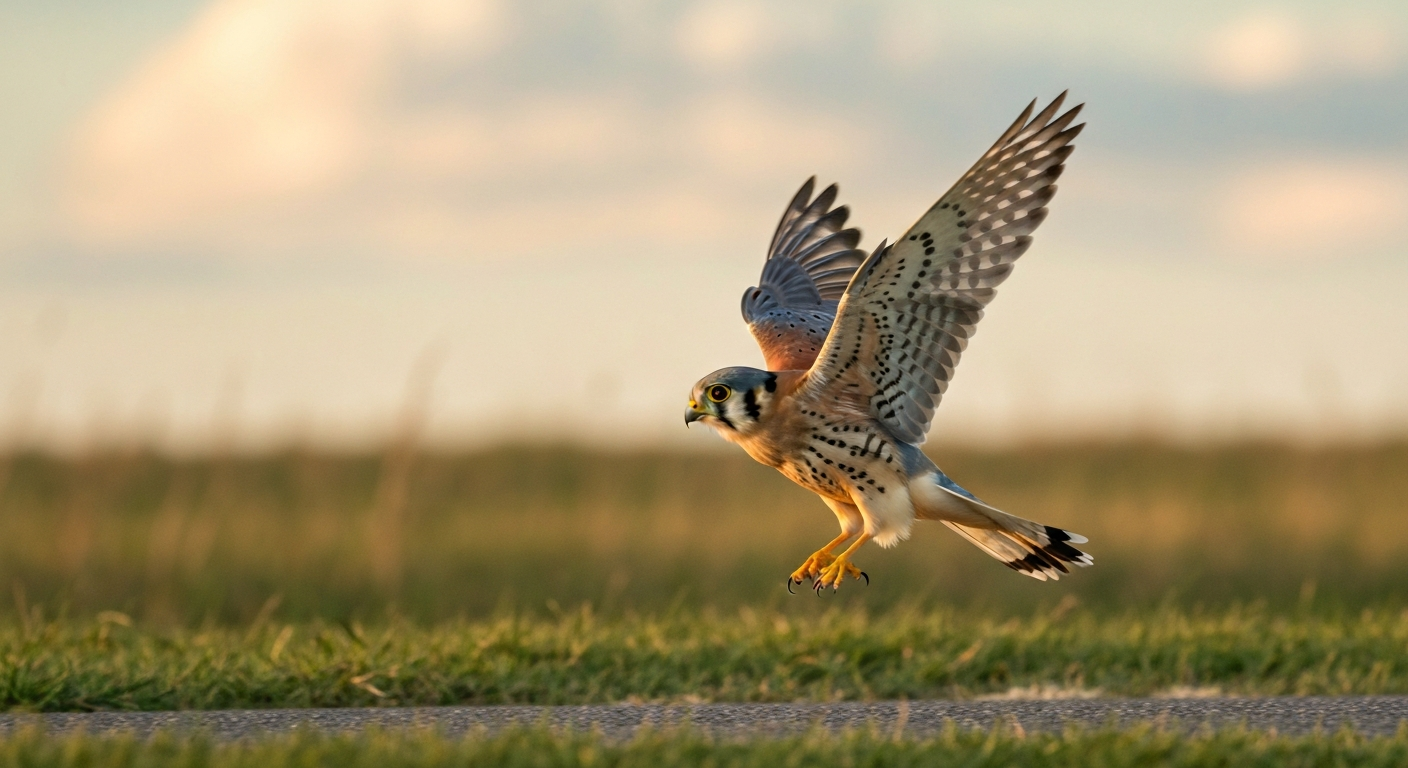 American Kestrel wind-hovering over grassy verge at golden hour, wings blurred, head held still, warm sky background.