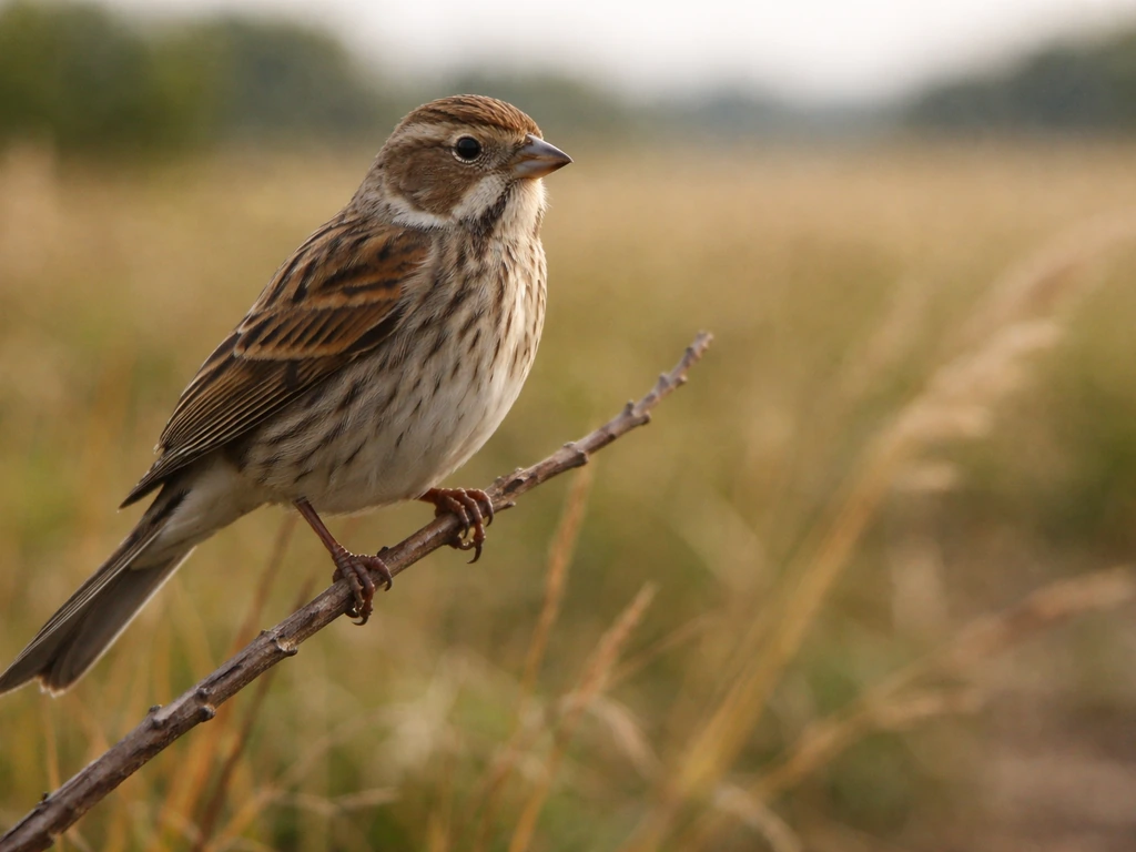 Single bunting bird perched on a twig at a field edge with softly blurred farmland behind.