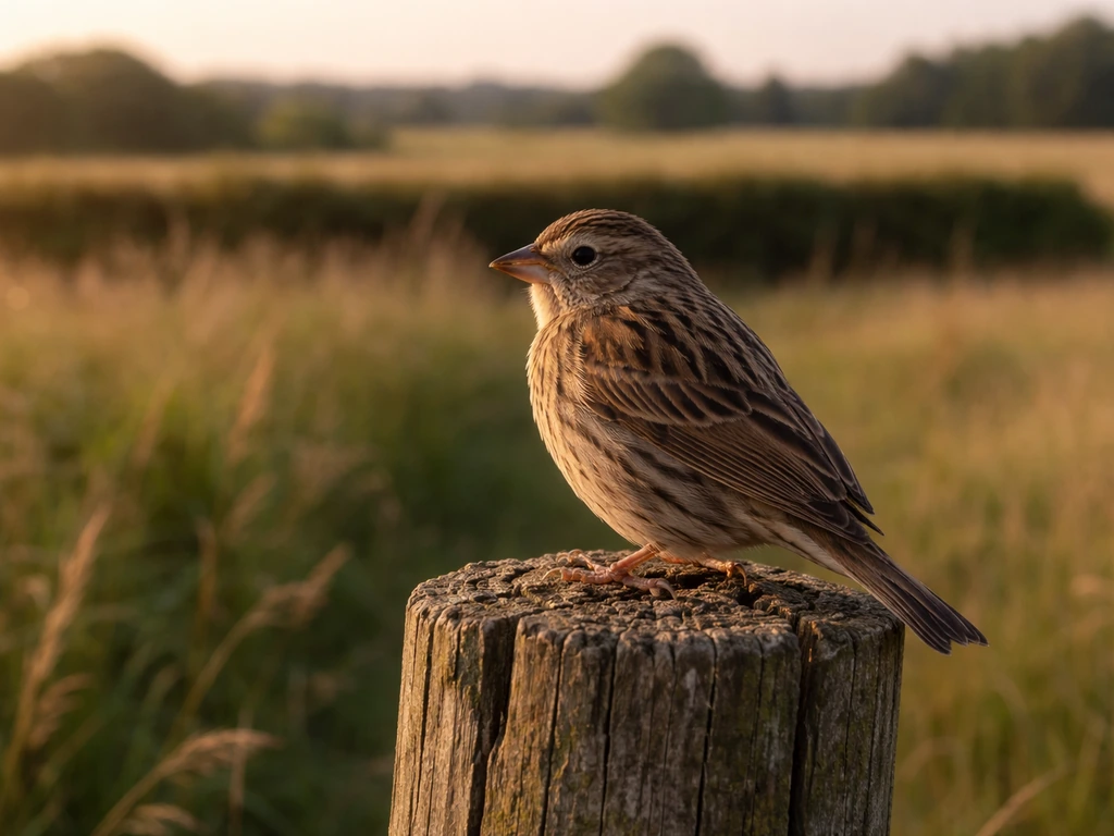 Streaky brown and yellow bird silhouettes in open farmland, suggesting buntings identification features.