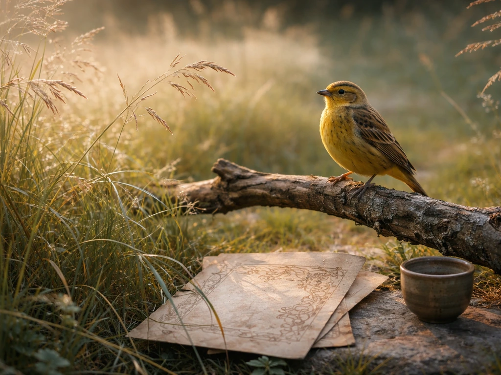 A yellowhammer perched on a branch with softly blurred vintage folio-like folklore objects nearby.