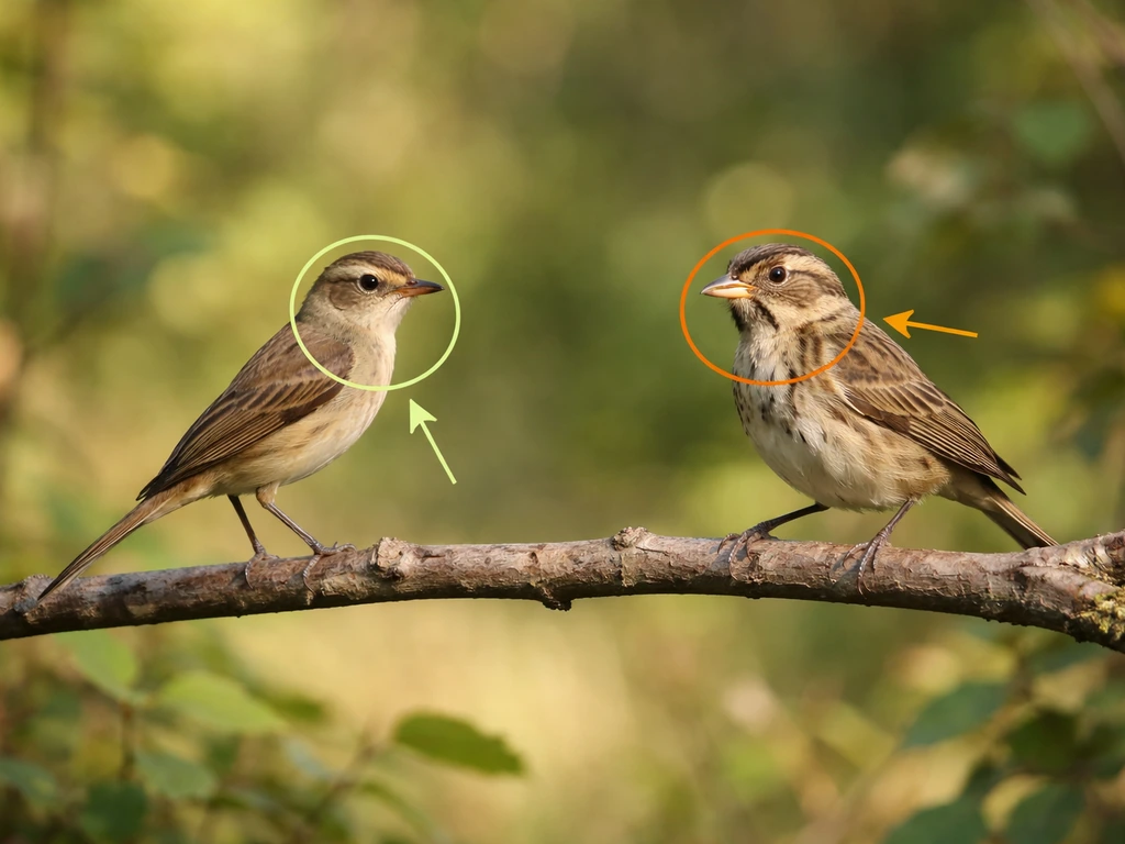 Two small brown birds on a branch, one stockier with a thicker beak; callouts mark key differences.