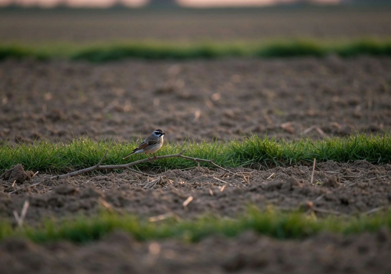 A fallow field edge at dusk with a single bird perched, suggesting both habitat and symbolic pause.