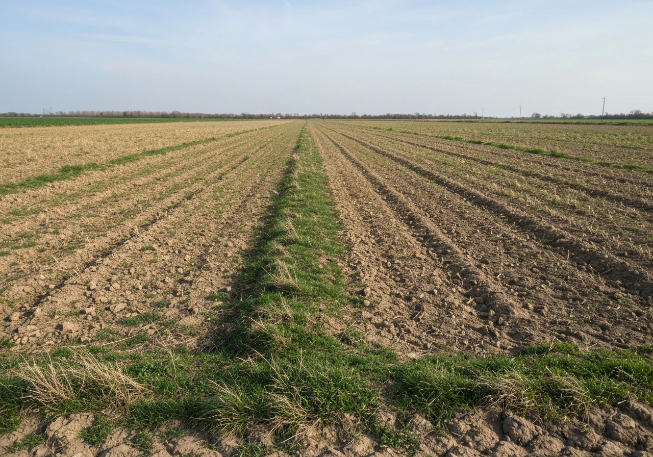 Open agricultural field left idle, dry soil and sparse grass under soft daylight.