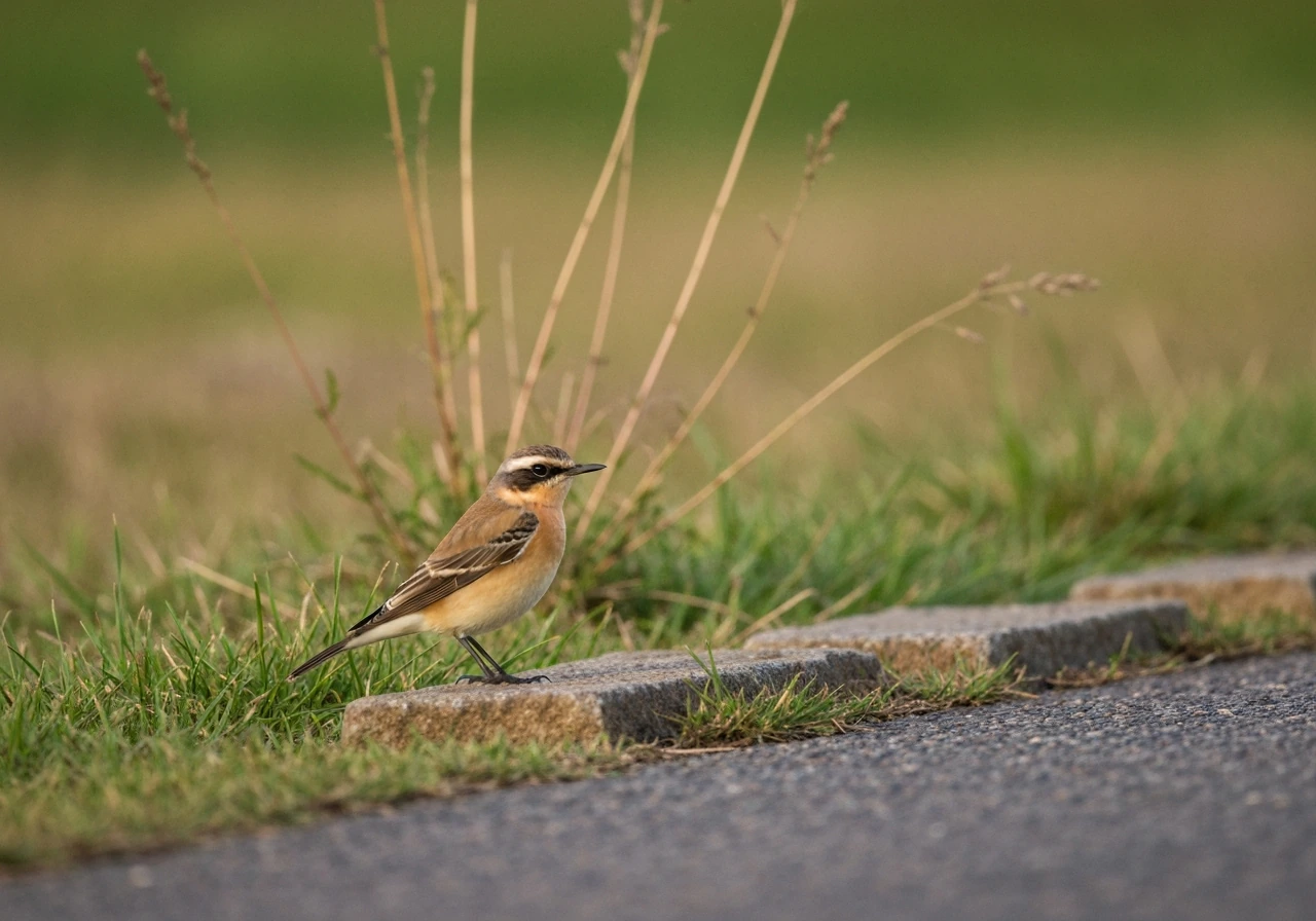 A small wheatear-like bird perched on a stone in short grass roadside habitat.