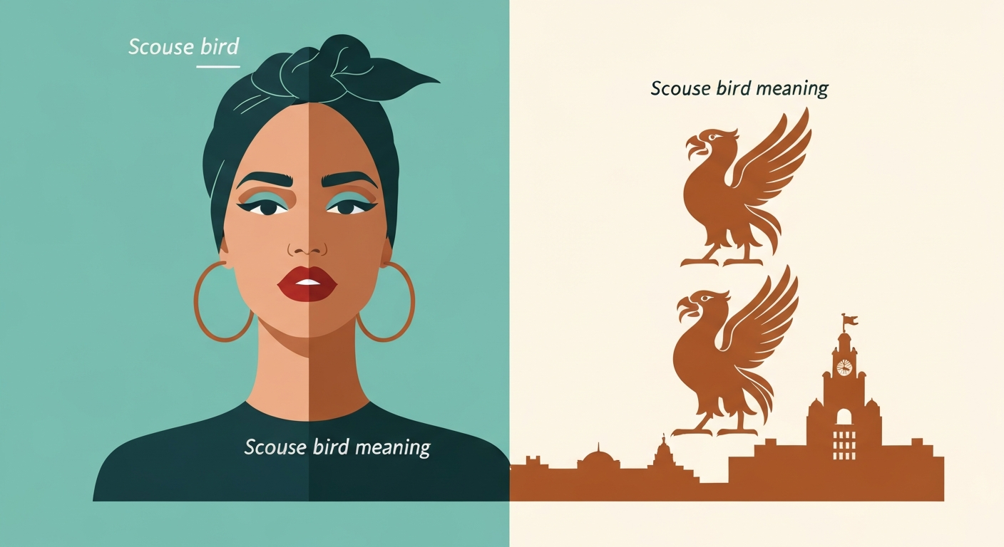 Stylized collage: a confident female silhouette labeled 'Scouse bird' beside a simplified Liver Bird emblem over the Liverpool skyline; flat vector style.