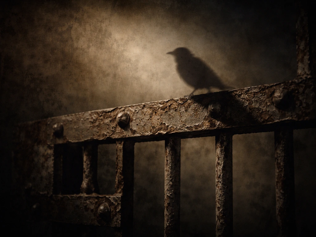 Weathered prison gate texture with a moody bird shadow silhouette, sepia and charcoal folklore mood.