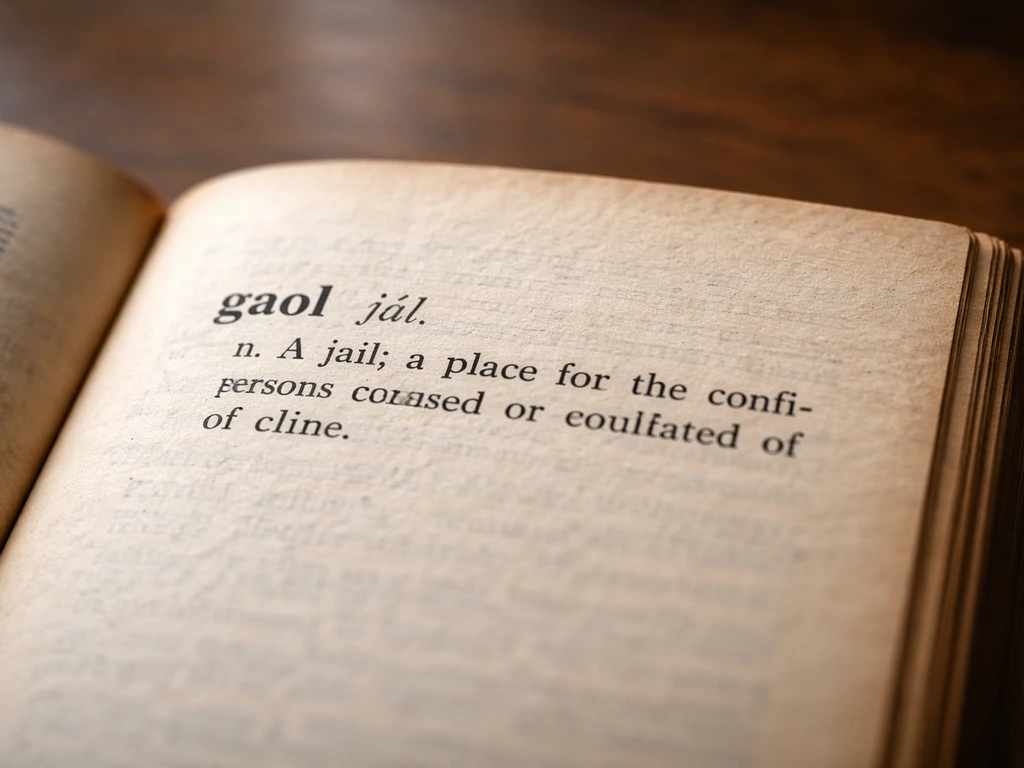 Close-up of an open vintage dictionary page showing the entry for “gaol” on aged paper.