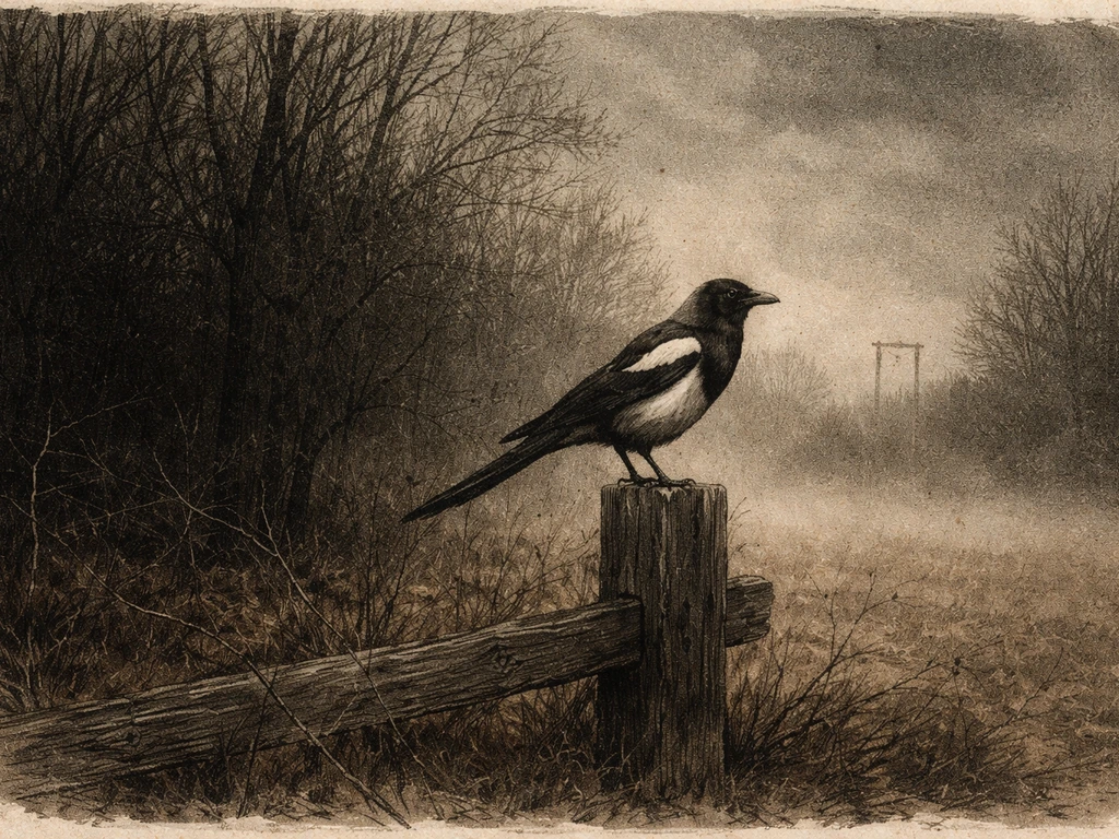 A lone magpie perched on a fence as a dark treeline and faint gallows silhouette loom behind.