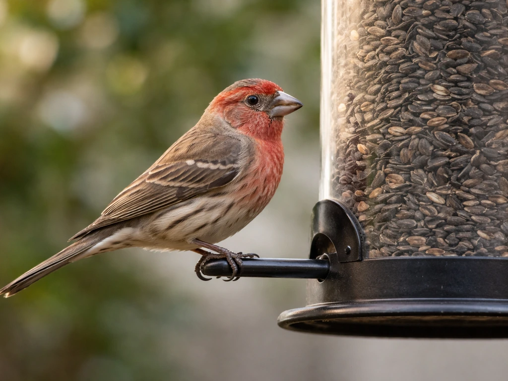 A House Finch perched on a backyard feeder, showing conical bill and clear male rosy or female streaked markings.