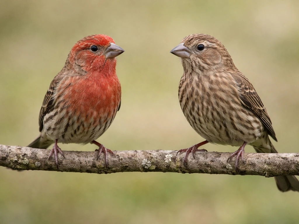 Side-by-side close-up of a reddish male and a streaked brown female finch on a branch.
