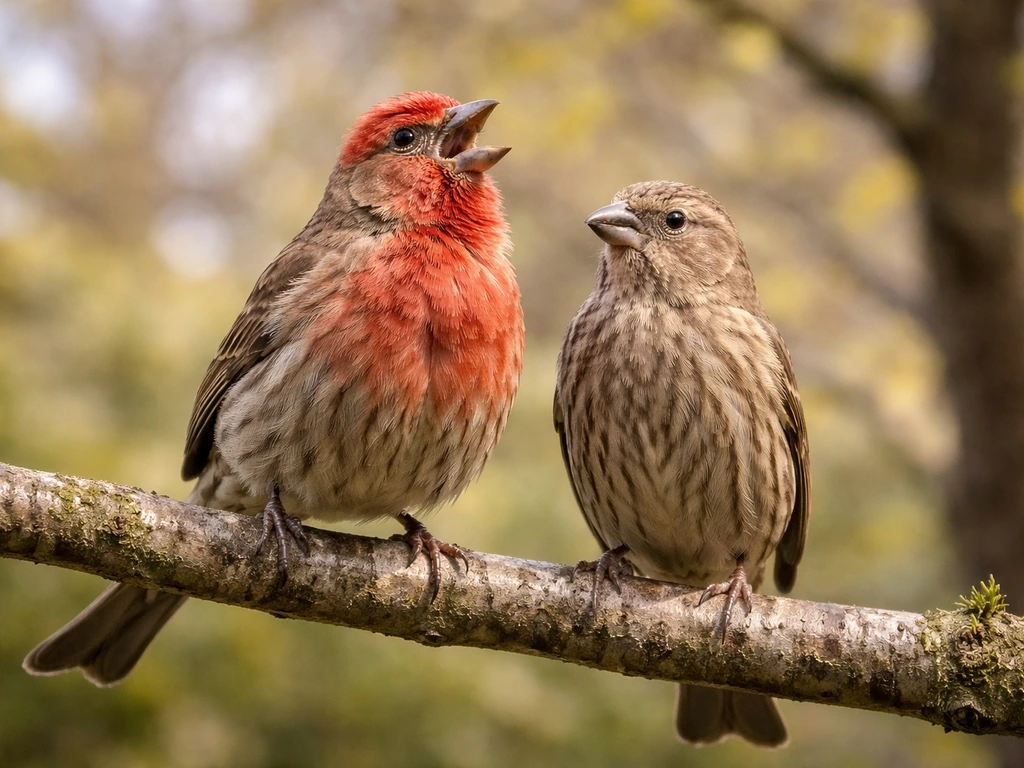 Male house finch singing beside a female on a backyard perch, with soft spring bokeh behind them.